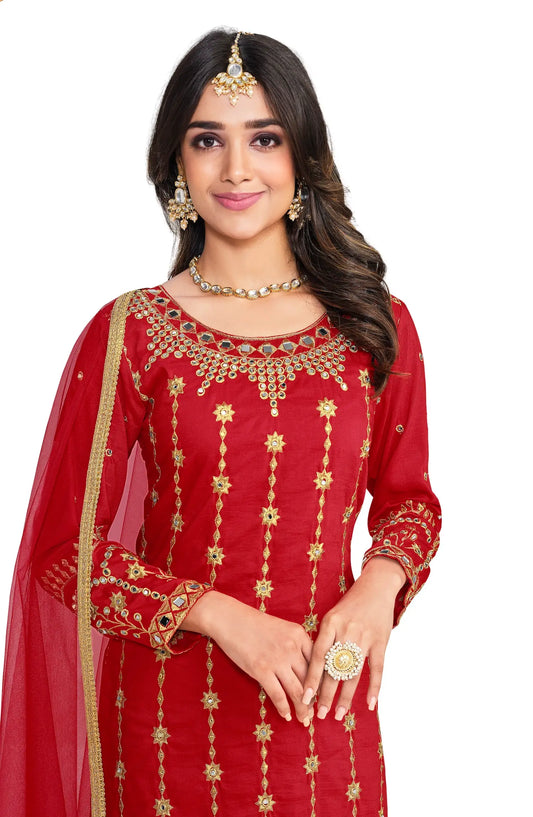Red Bitalian Soft Silk Embroidery & Mirror Work Salwar Suit