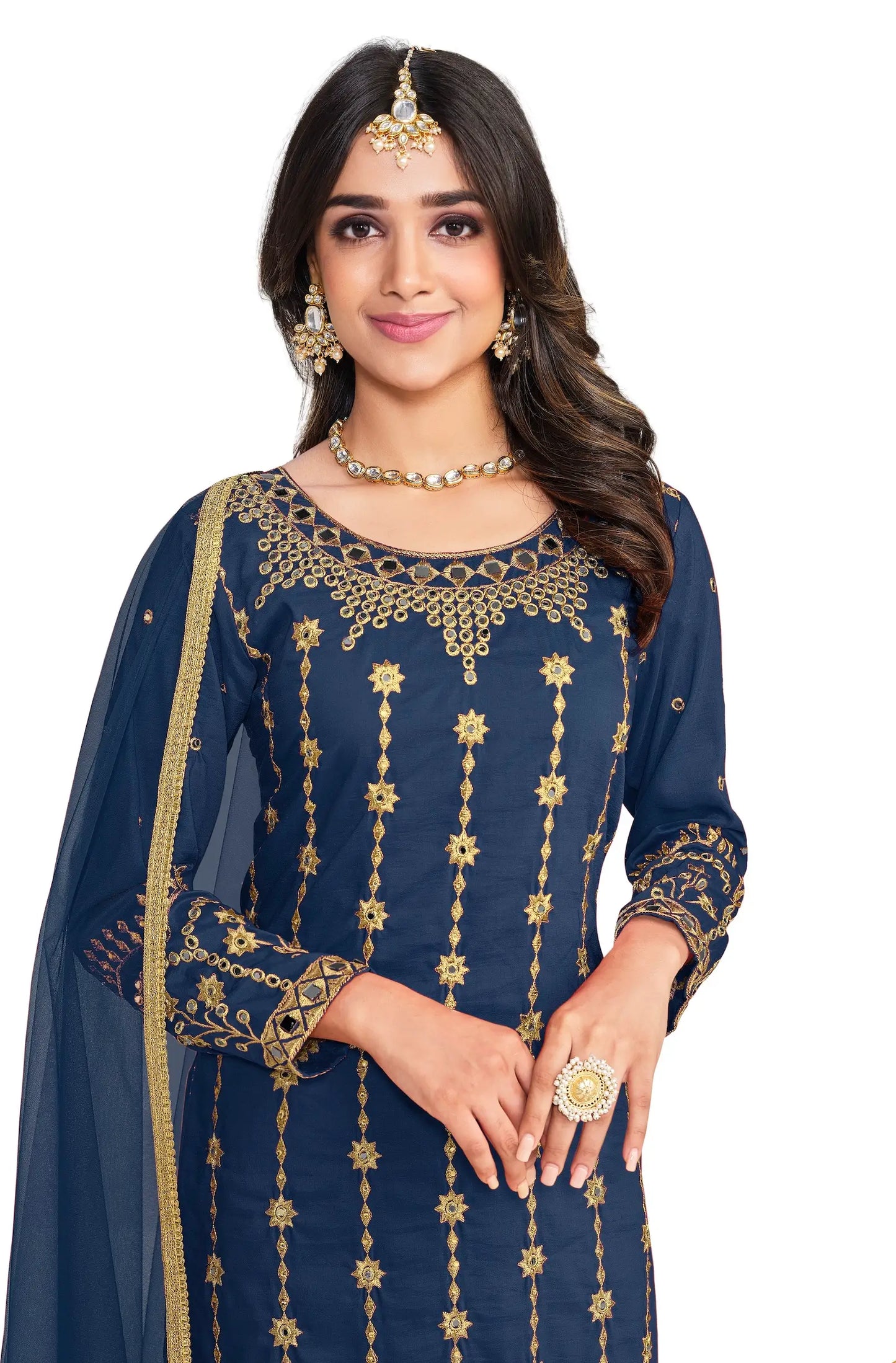 Navy Blue Bitalian Soft Silk Embroidery & Mirror Work Salwar Suit
