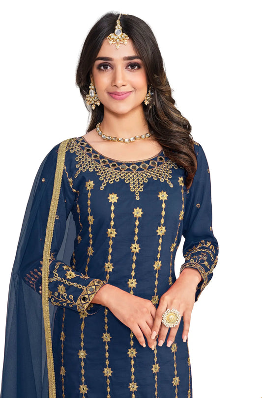 Navy Blue Bitalian Soft Silk Embroidery & Mirror Work Salwar Suit