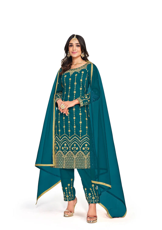 Teal Blue Bitalian Soft Silk Embroidery & Mirror Work Salwar Suit