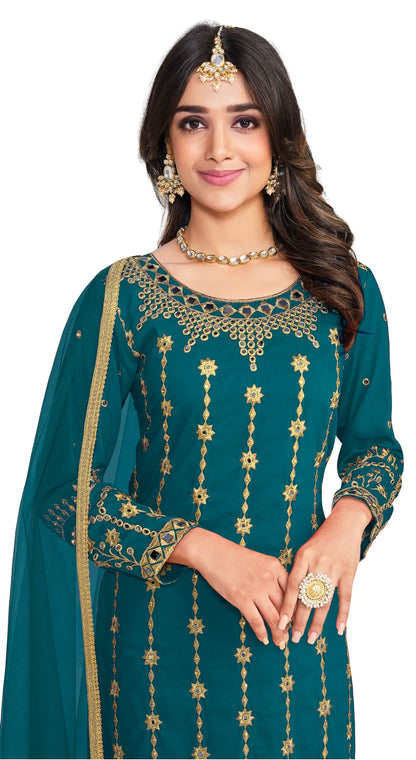 Teal Blue Bitalian Soft Silk Embroidery & Mirror Work Salwar Suit