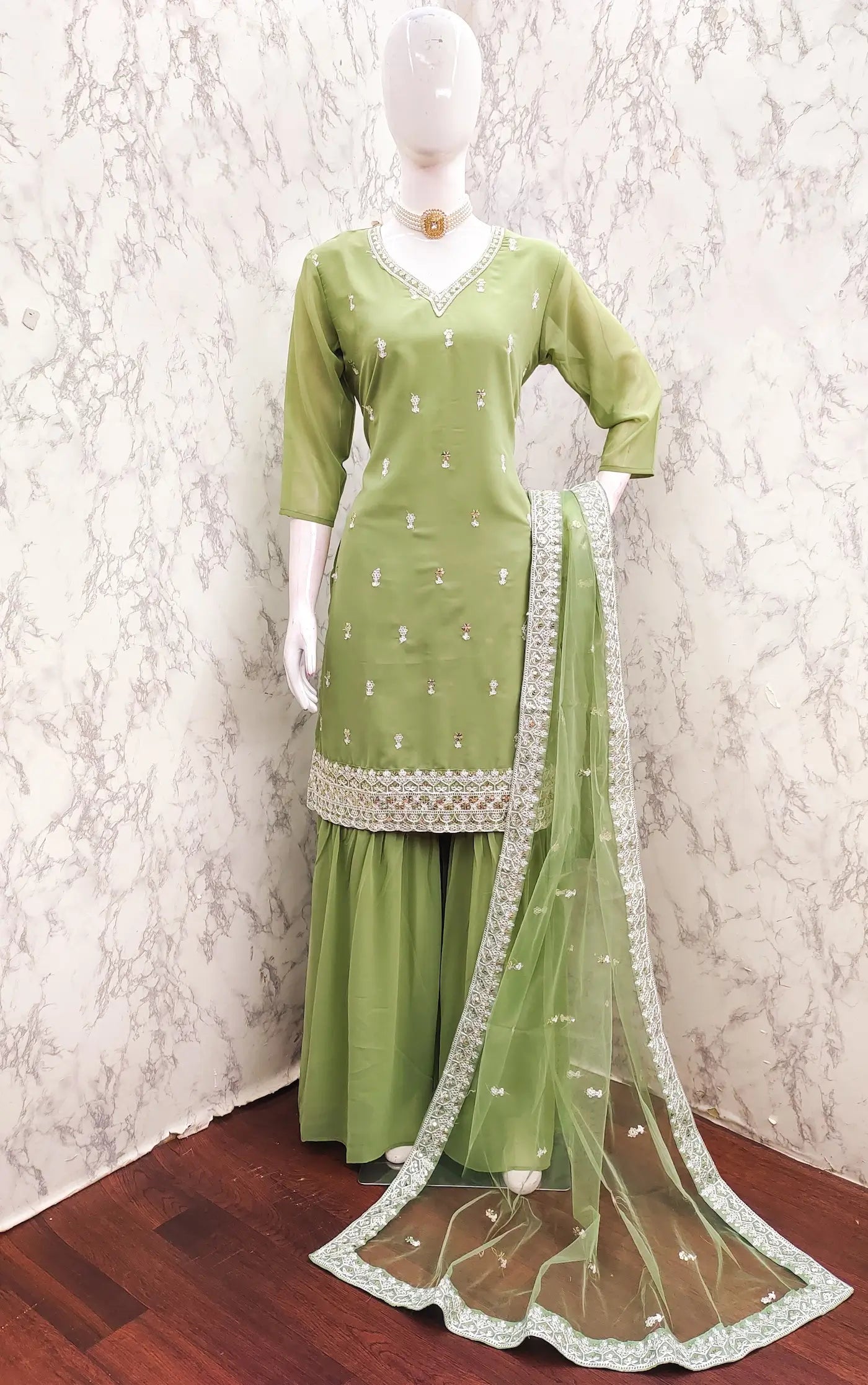 Pista Green Georgette Salwar Suit With Sequence Embroidery Work