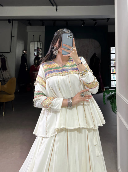 White Rayon Navratri Lehenga Choli With Lace & Patch Work