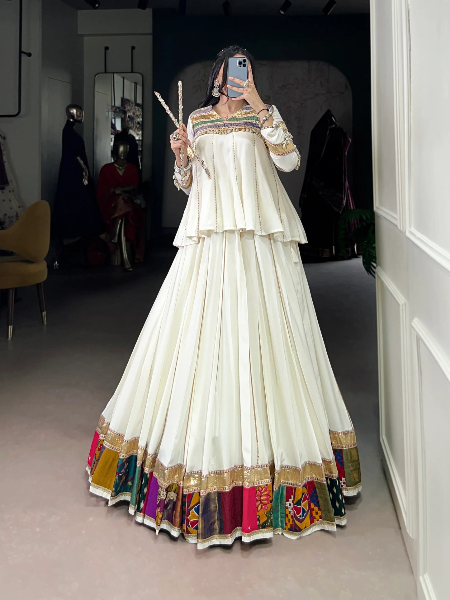 White Rayon Navratri Lehenga Choli With Lace & Patch Work