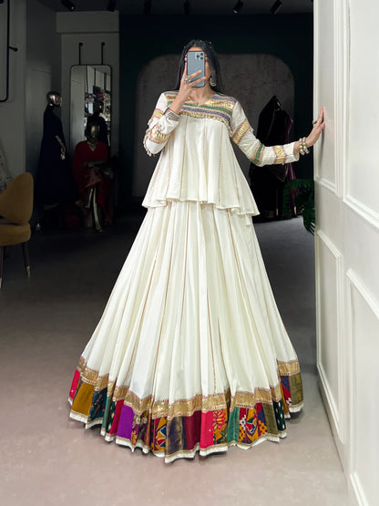 White Rayon Navratri Lehenga Choli With Lace & Patch Work