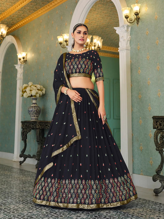 Navy Blue Georgette Sequence & Thread Embroidery Work Lehenga Choli