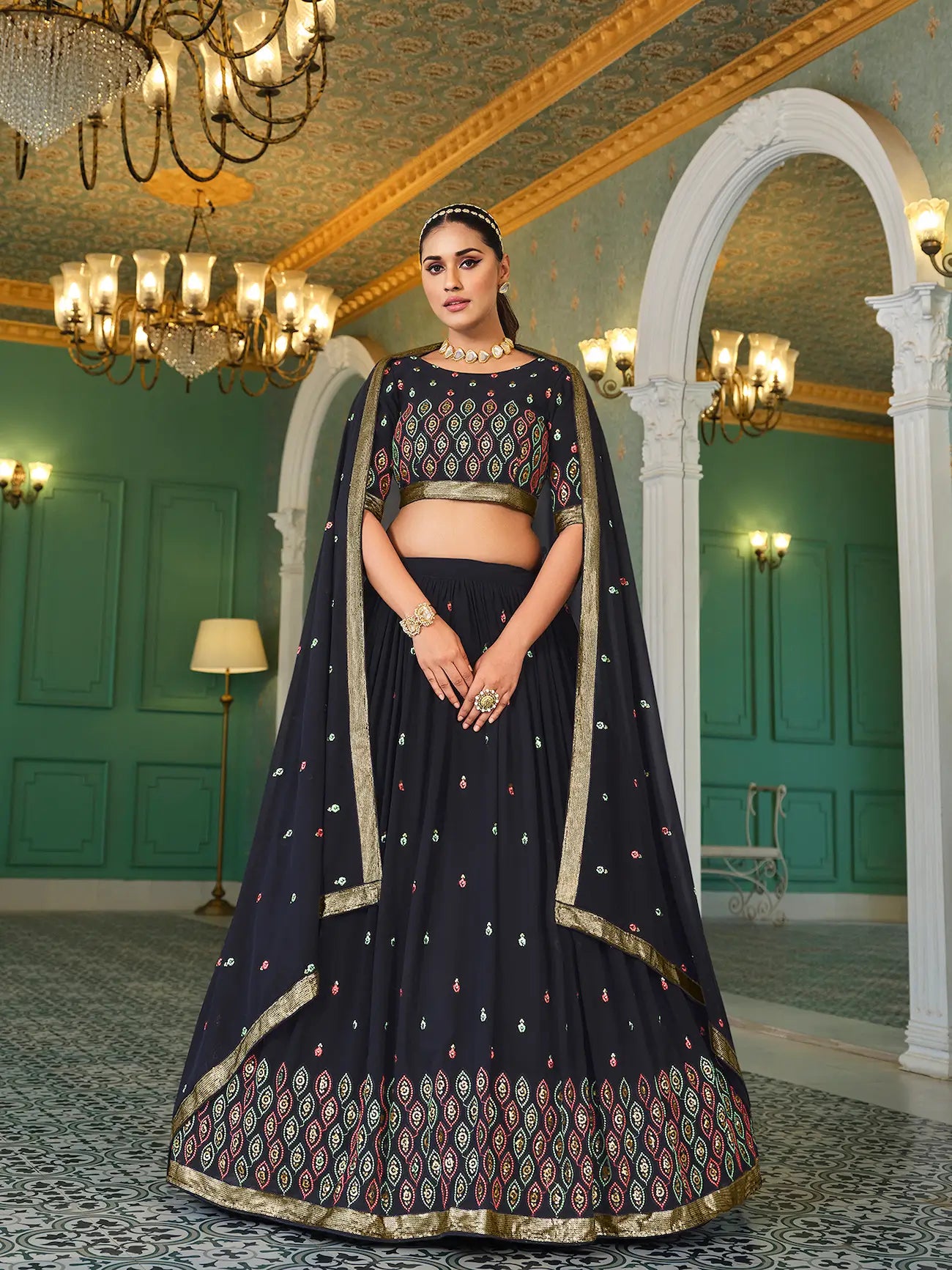 Navy Blue Georgette Sequence & Thread Embroidery Work Lehenga Choli