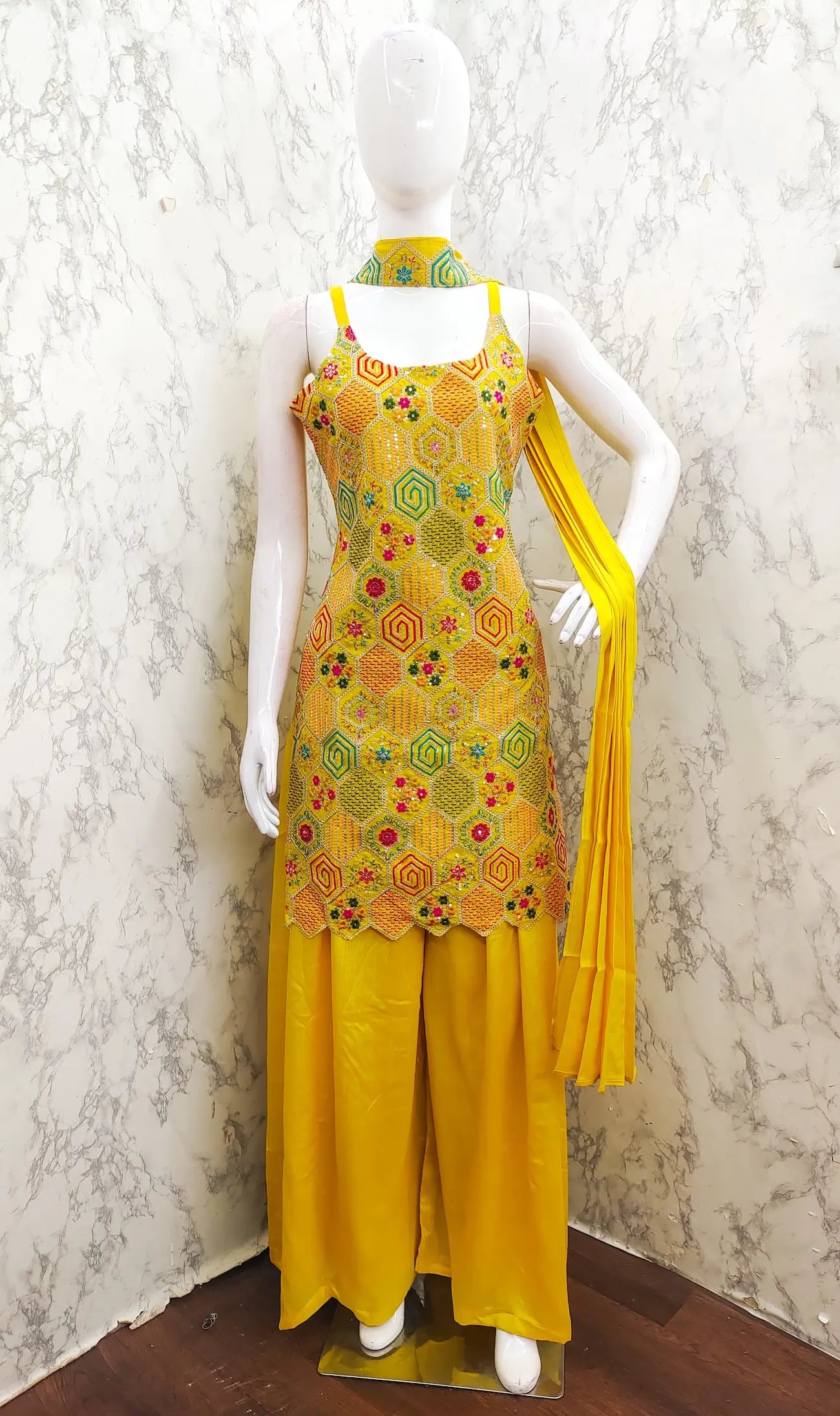 Yellow Chinon Sequence Embroidery Work Salwar Suit