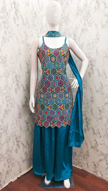 Blue Chinon Sequence Embroidery Work Salwar Suit