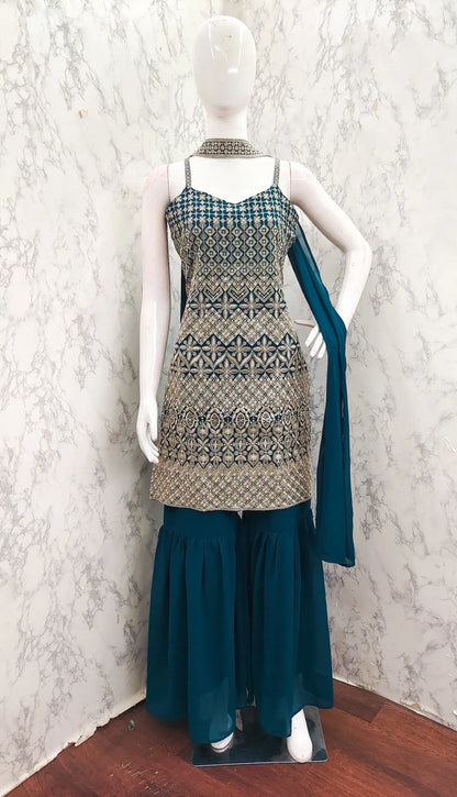 Teal Blue Georgette Sequence Embroidery Work Salwar Suit
