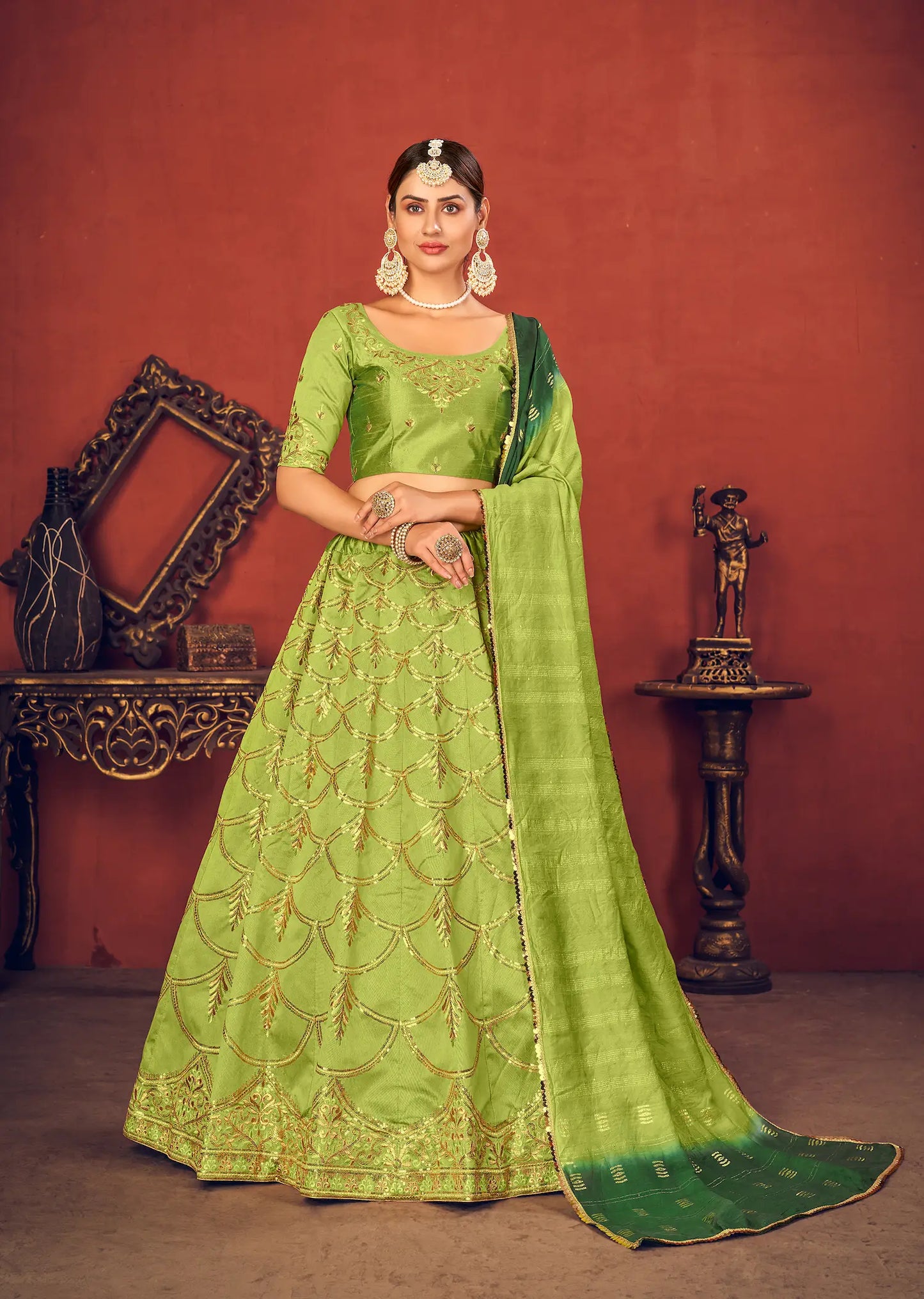 Parrot Green Art Silk Lehenga Choli With Sequence & Thread Embroidery Work