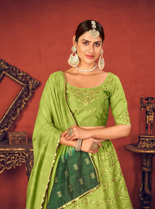 Parrot Green Art Silk Lehenga Choli With Sequence & Thread Embroidery Work
