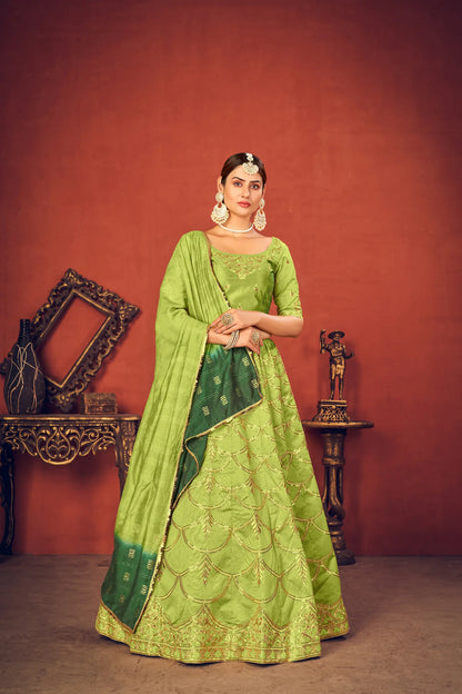 Parrot Green Art Silk Lehenga Choli With Sequence & Thread Embroidery Work