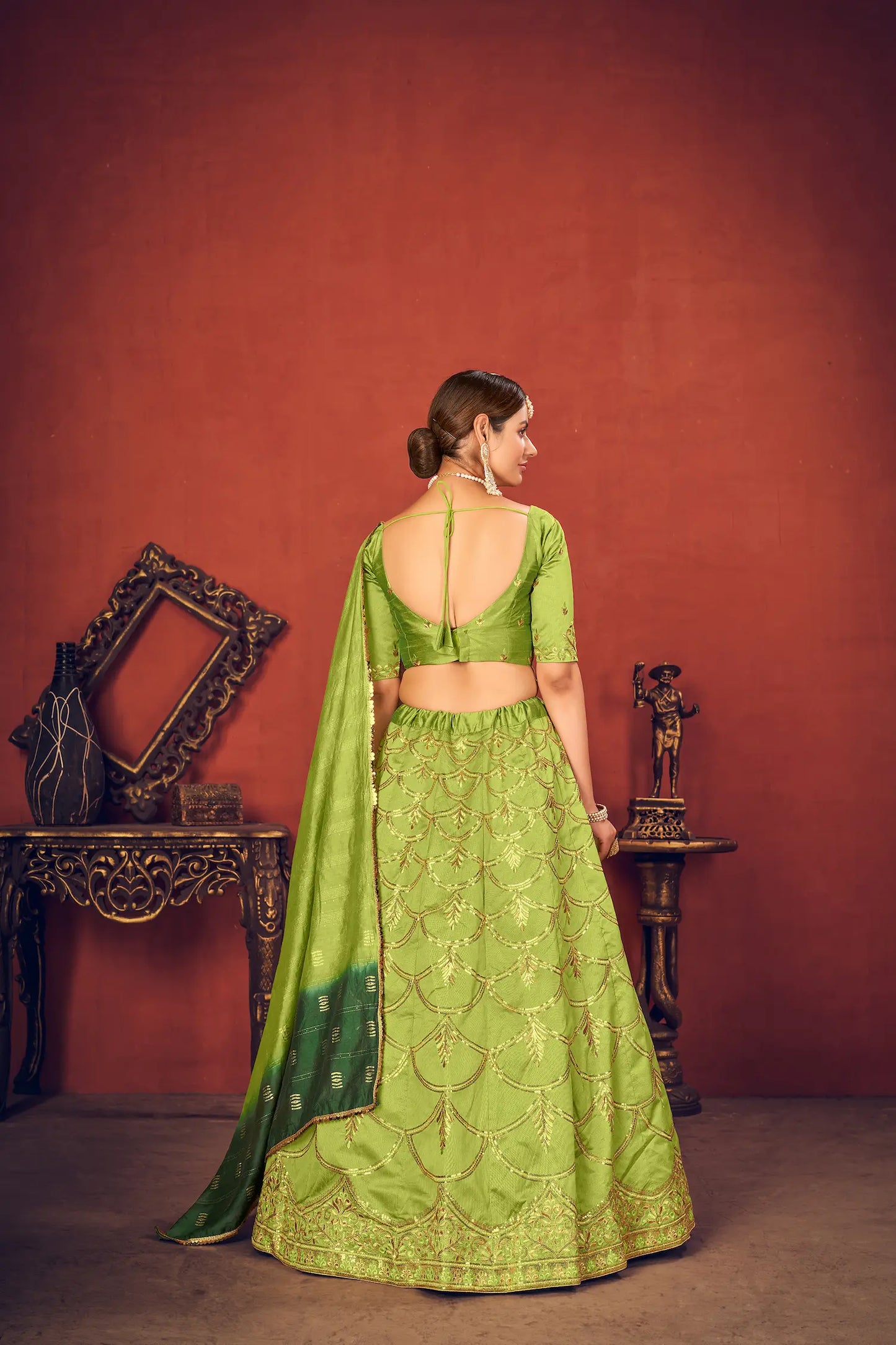 Parrot Green Art Silk Lehenga Choli With Sequence & Thread Embroidery Work
