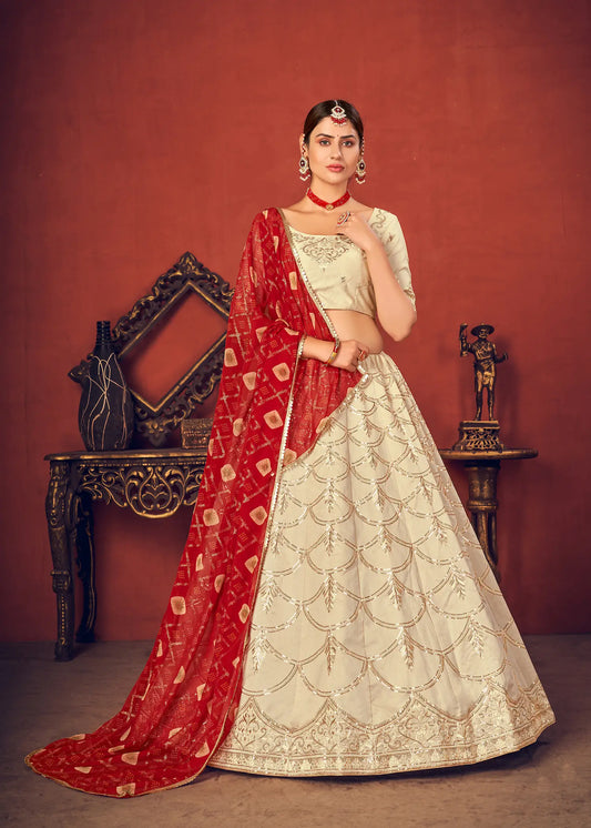 Beige Art Silk Lehenga Choli With Sequence & Thread Embroidery Work