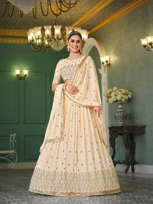 Beige Georgette Thread with Sequence Embroidery Work Lehenga Choli