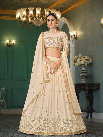 Beige Georgette Thread with Sequence Embroidery Work Lehenga Choli