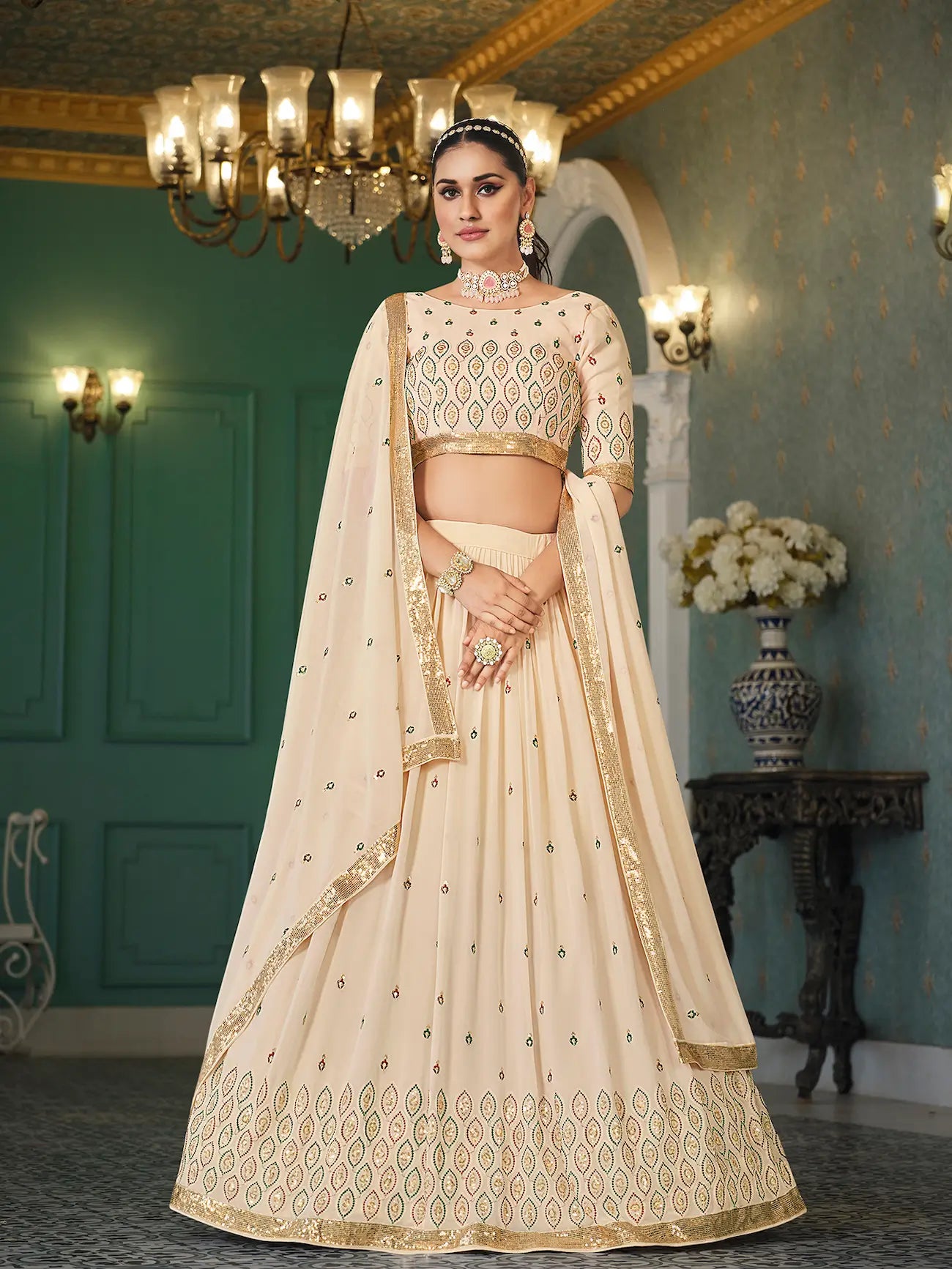 Beige Georgette Thread with Sequence Embroidery Work Lehenga Choli