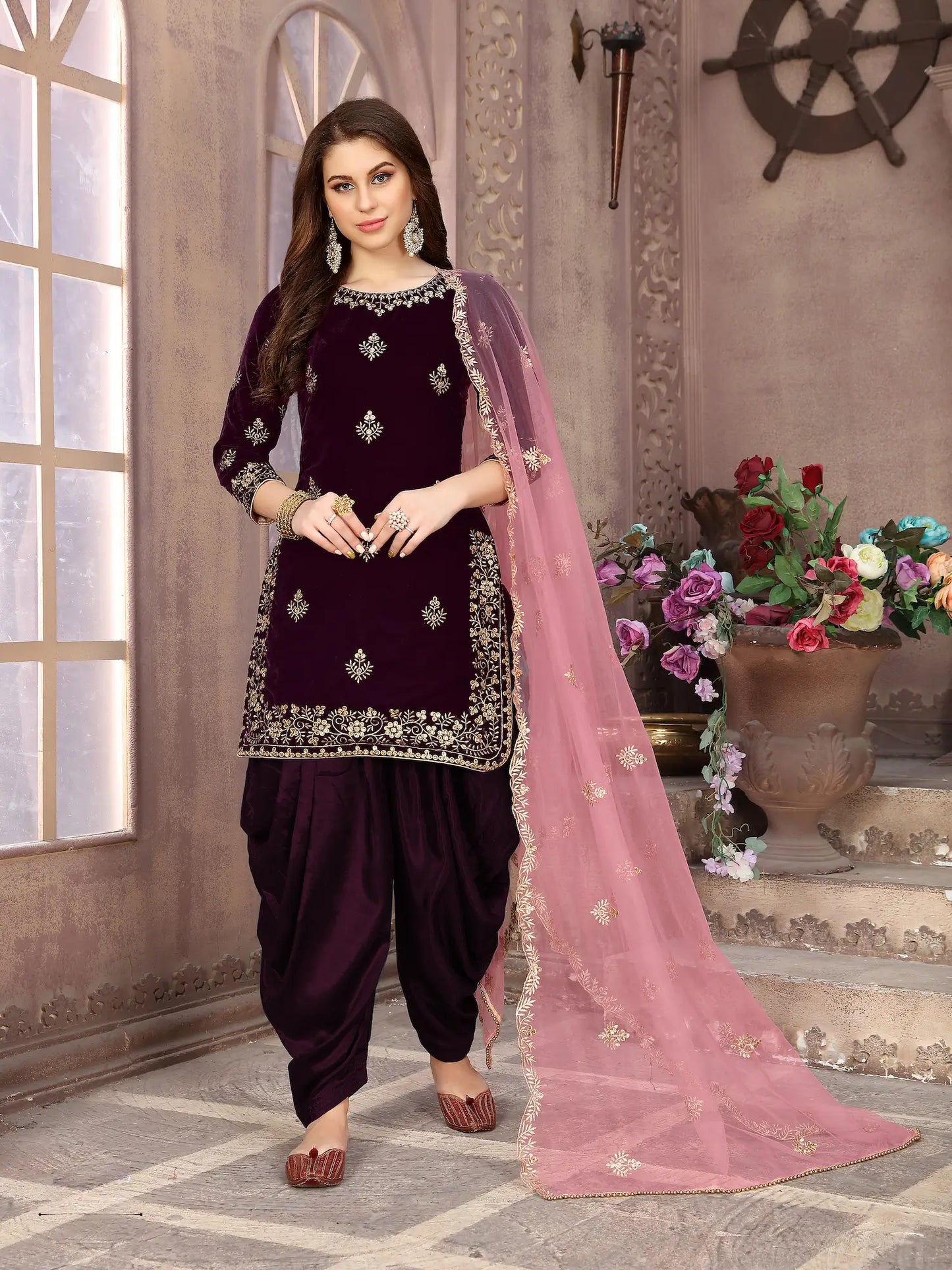 Wine Velvet Thread & Sequence Embroidery Work Salwar Suit