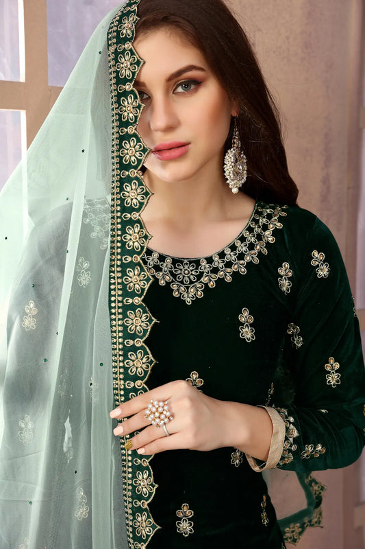 Green Velvet Thread & Sequence Embroidery Work Salwar Suit