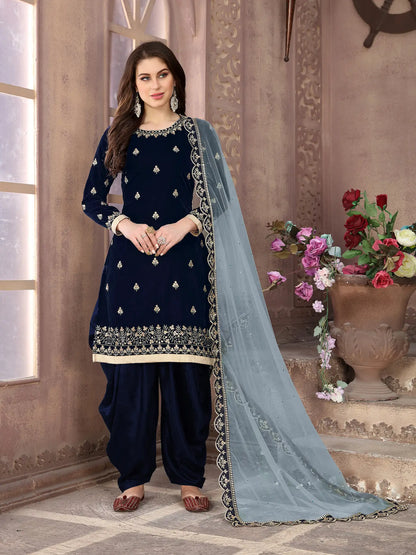 Navy Blue Velvet Thread & Sequence Embroidery Work Salwar Suit