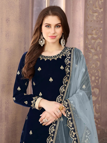 Navy Blue Velvet Thread & Sequence Embroidery Work Salwar Suit