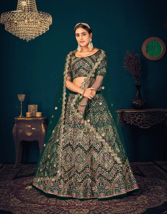 Dark Green Georgette Thread, Sequence & Gota Patti Embroidered Work Lehenga Choli