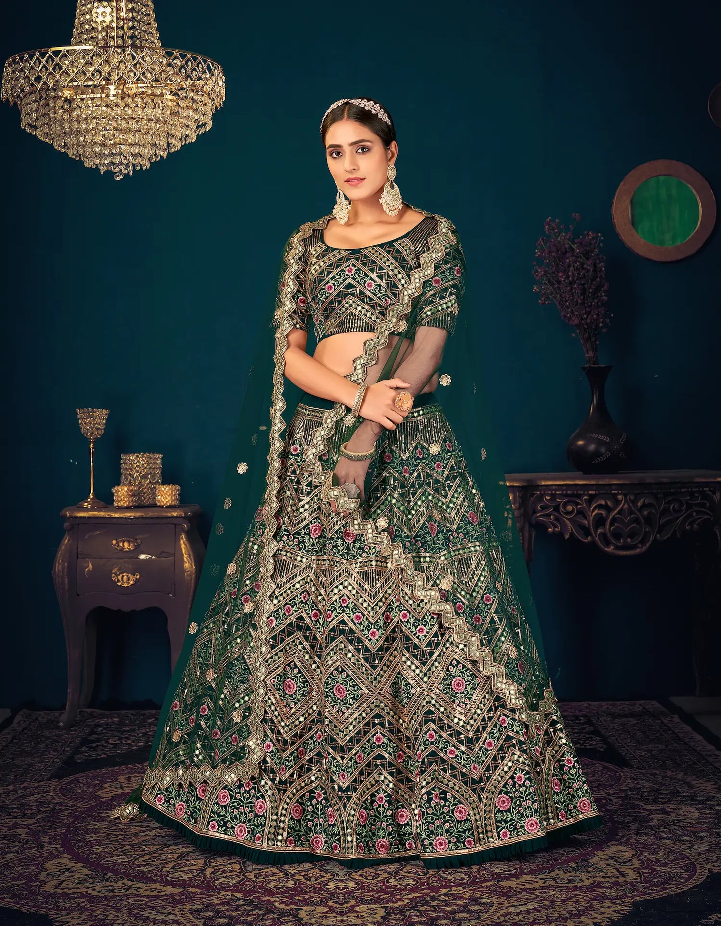 Dark Green Georgette Thread, Sequence & Gota Patti Embroidered Work Lehenga Choli