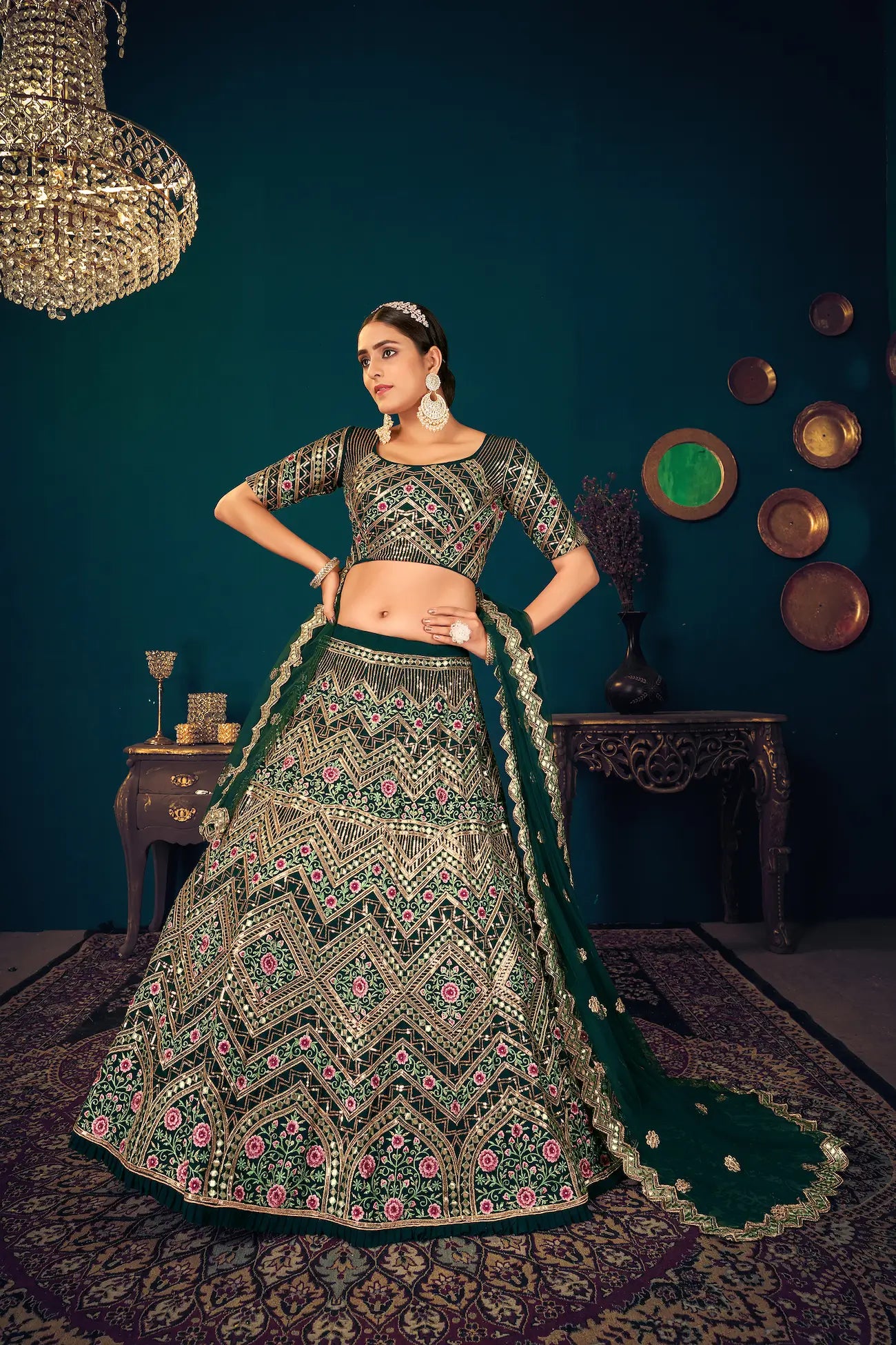Dark Green Georgette Thread, Sequence & Gota Patti Embroidered Work Lehenga Choli