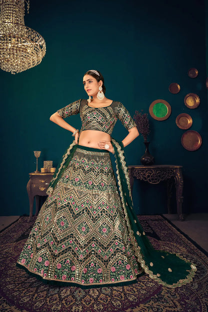 Dark Green Georgette Thread, Sequence & Gota Patti Embroidered Work Lehenga Choli