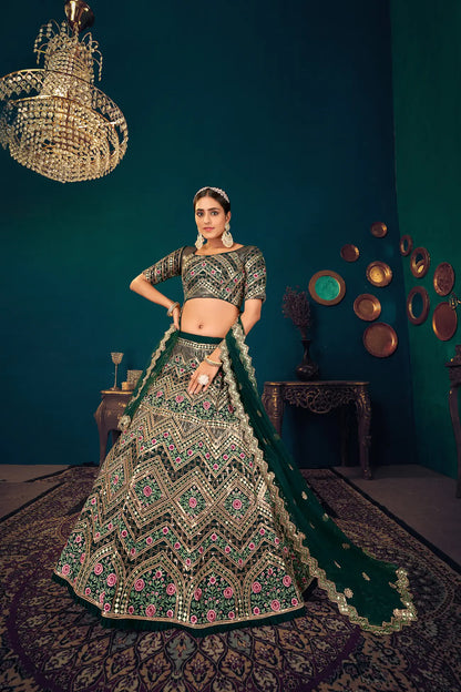Dark Green Georgette Thread, Sequence & Gota Patti Embroidered Work Lehenga Choli