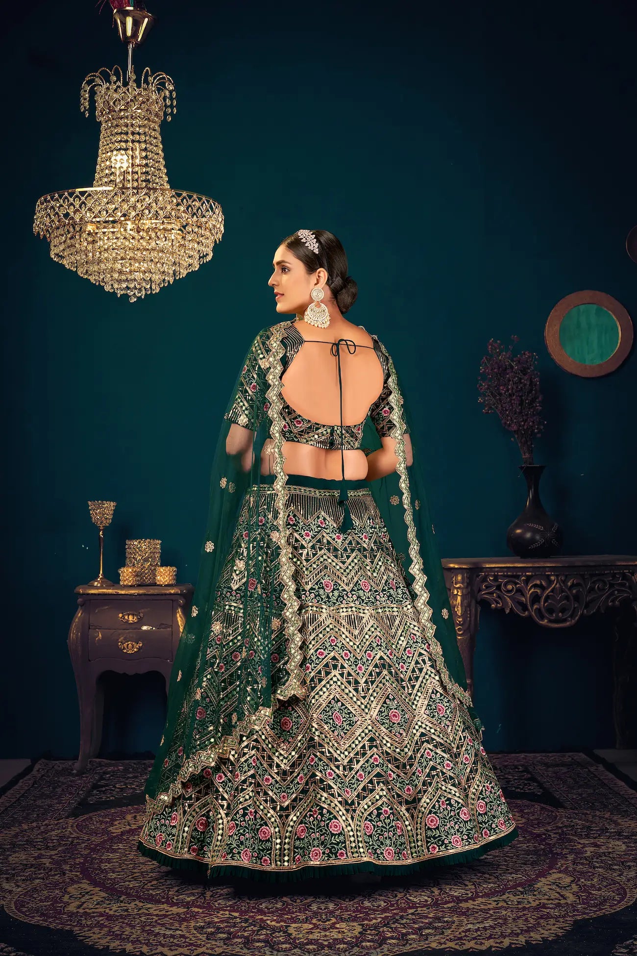 Dark Green Georgette Thread, Sequence & Gota Patti Embroidered Work Lehenga Choli