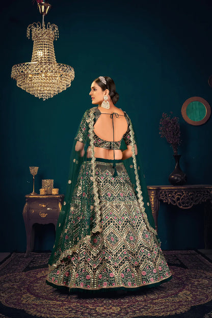 Dark Green Georgette Thread, Sequence & Gota Patti Embroidered Work Lehenga Choli