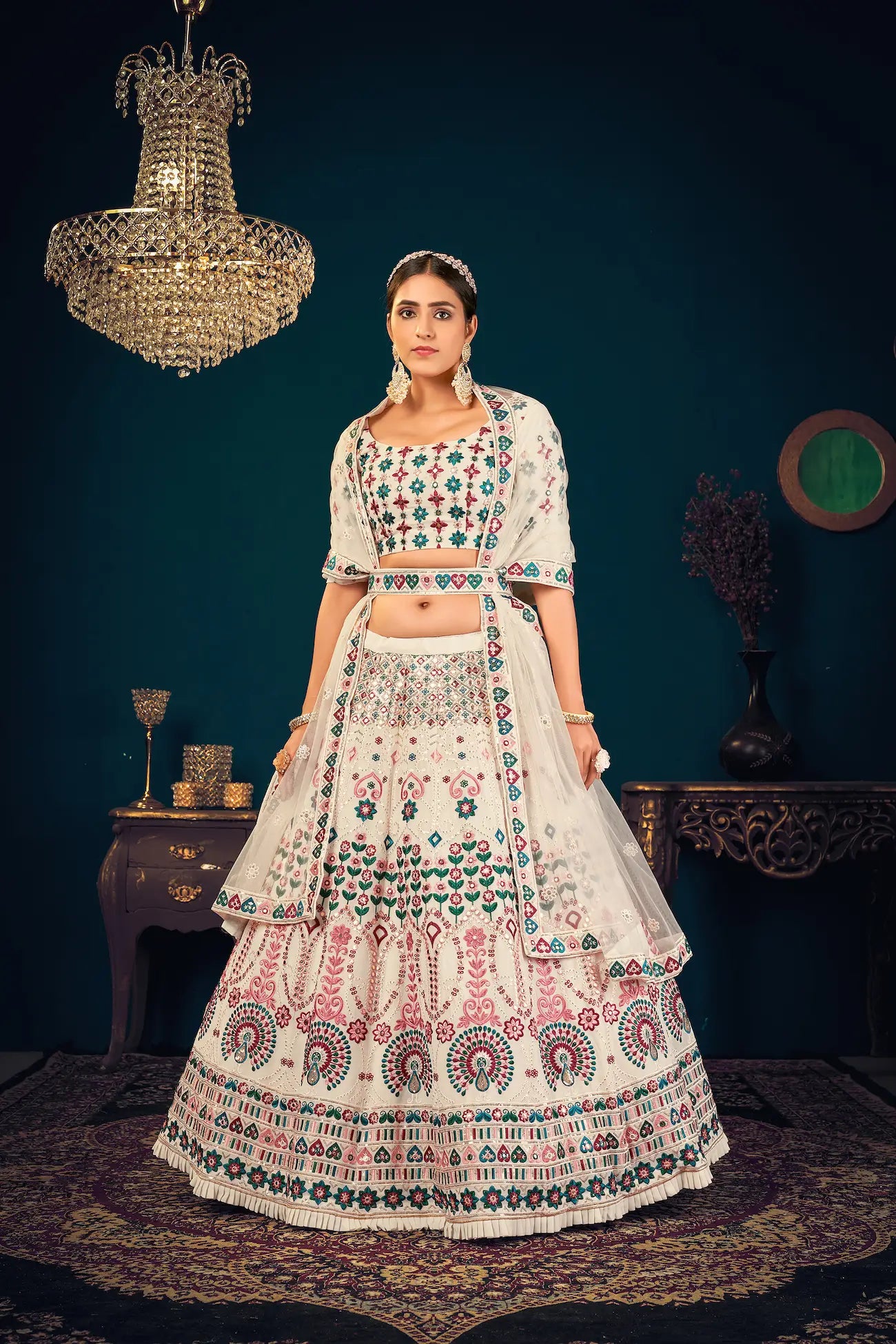Pearl White Georgette Thread, Sequence & Gota Patti Embroidered Work Lehenga Choli