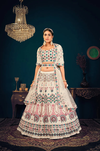 Pearl White Georgette Thread, Sequence & Gota Patti Embroidered Work Lehenga Choli