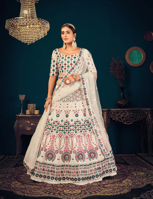 Pearl White Georgette Thread, Sequence & Gota Patti Embroidered Work Lehenga Choli