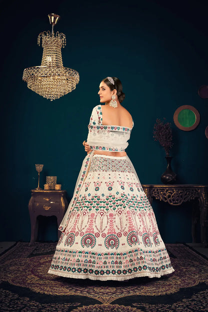 Pearl White Georgette Thread, Sequence & Gota Patti Embroidered Work Lehenga Choli