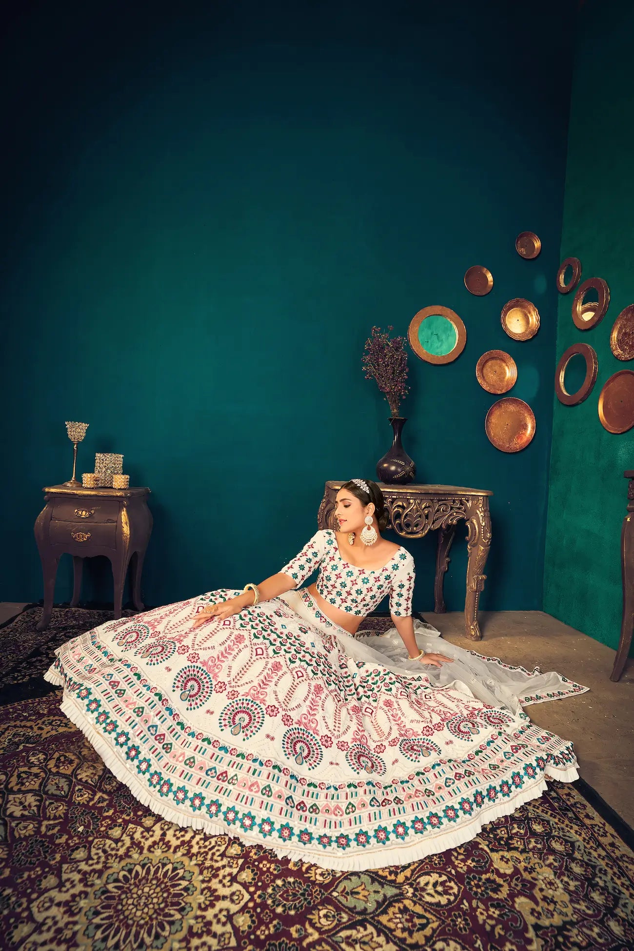 Pearl White Georgette Thread, Sequence & Gota Patti Embroidered Work Lehenga Choli