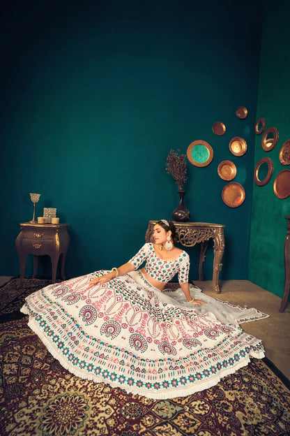 Pearl White Georgette Thread, Sequence & Gota Patti Embroidered Work Lehenga Choli