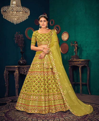 Lime Green Georgette Multi-thread with gota patti Embroidered Work Lehenga Choli