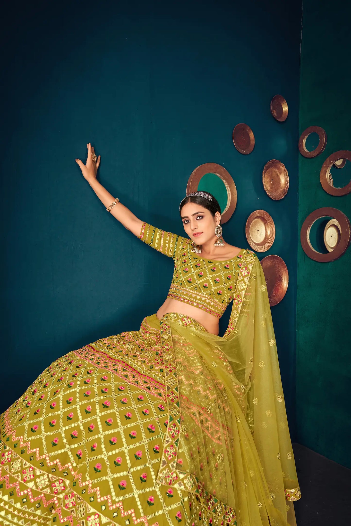 Lime Green Georgette Multi-thread with gota patti Embroidered Work Lehenga Choli