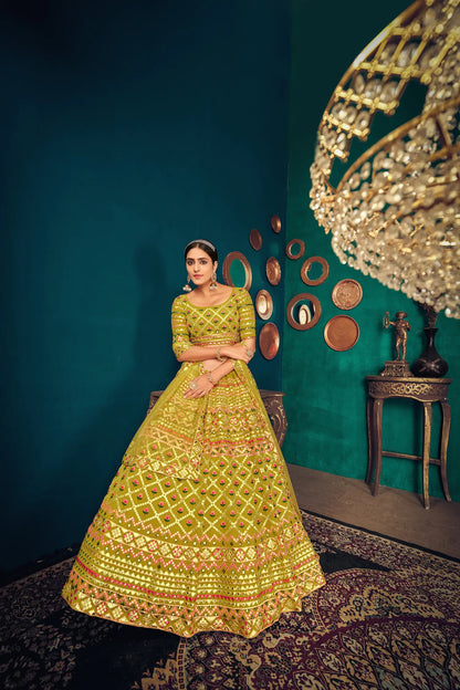 Lime Green Georgette Multi-thread with gota patti Embroidered Work Lehenga Choli