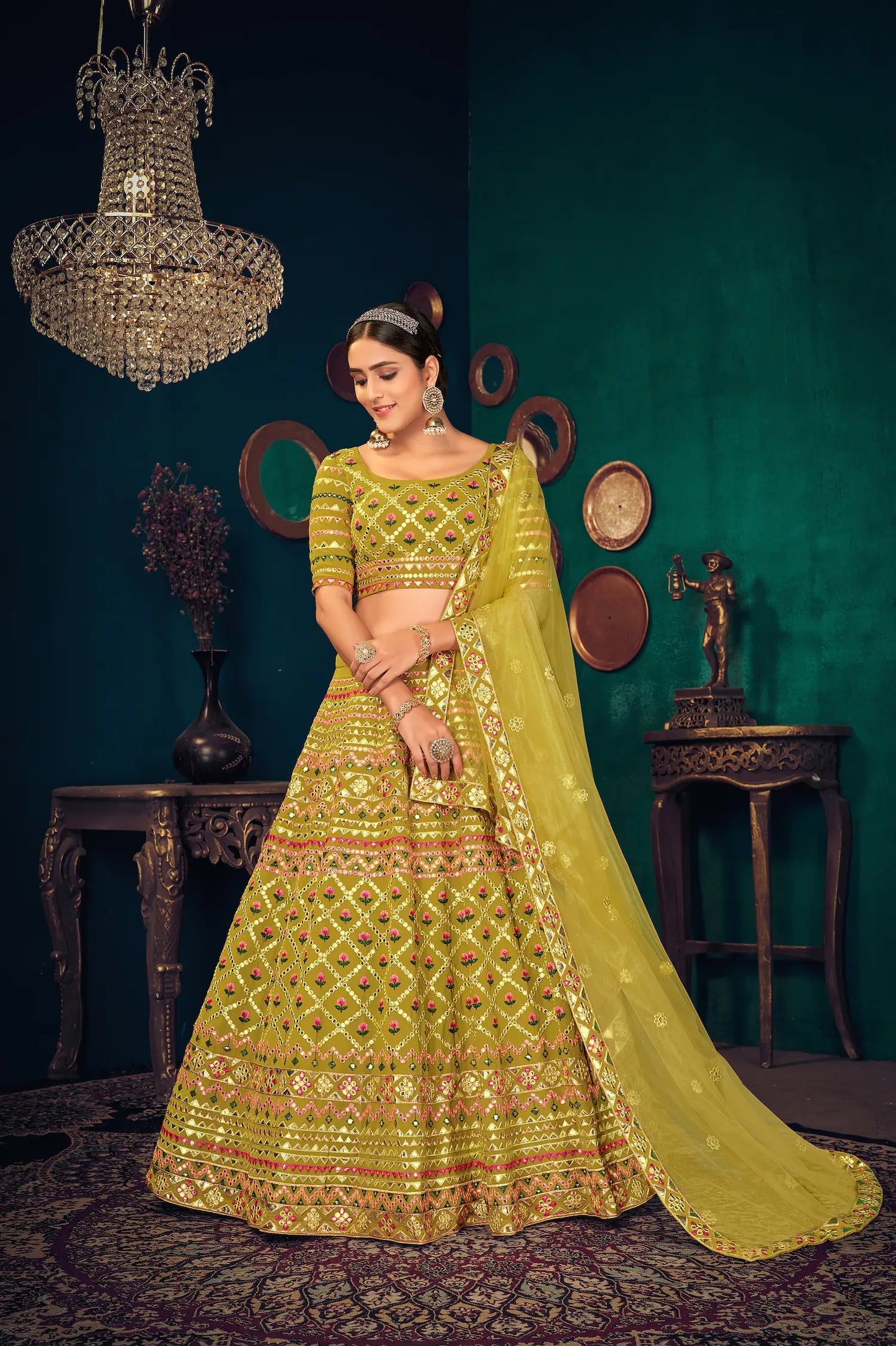 Lime Green Georgette Multi-thread with gota patti Embroidered Work Lehenga Choli