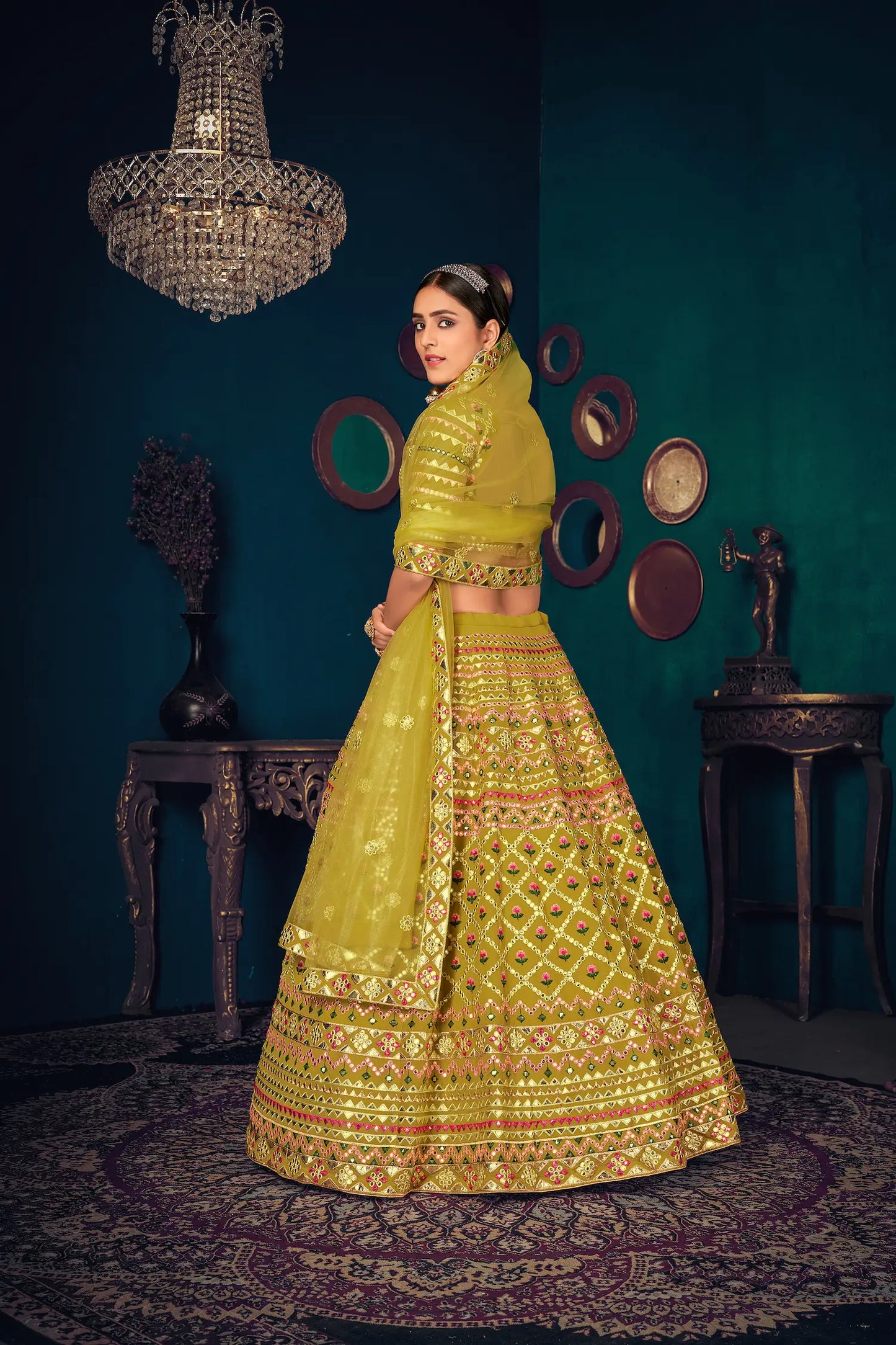 Lime Green Georgette Multi-thread with gota patti Embroidered Work Lehenga Choli