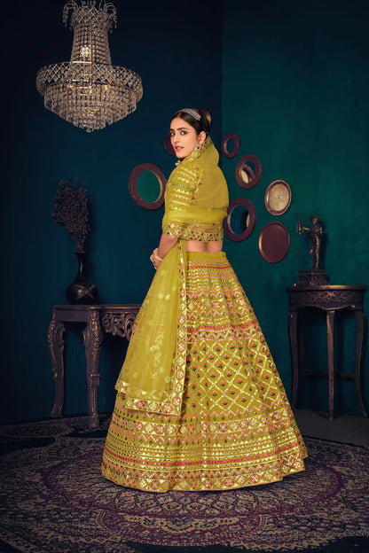 Lime Green Georgette Multi-thread with gota patti Embroidered Work Lehenga Choli