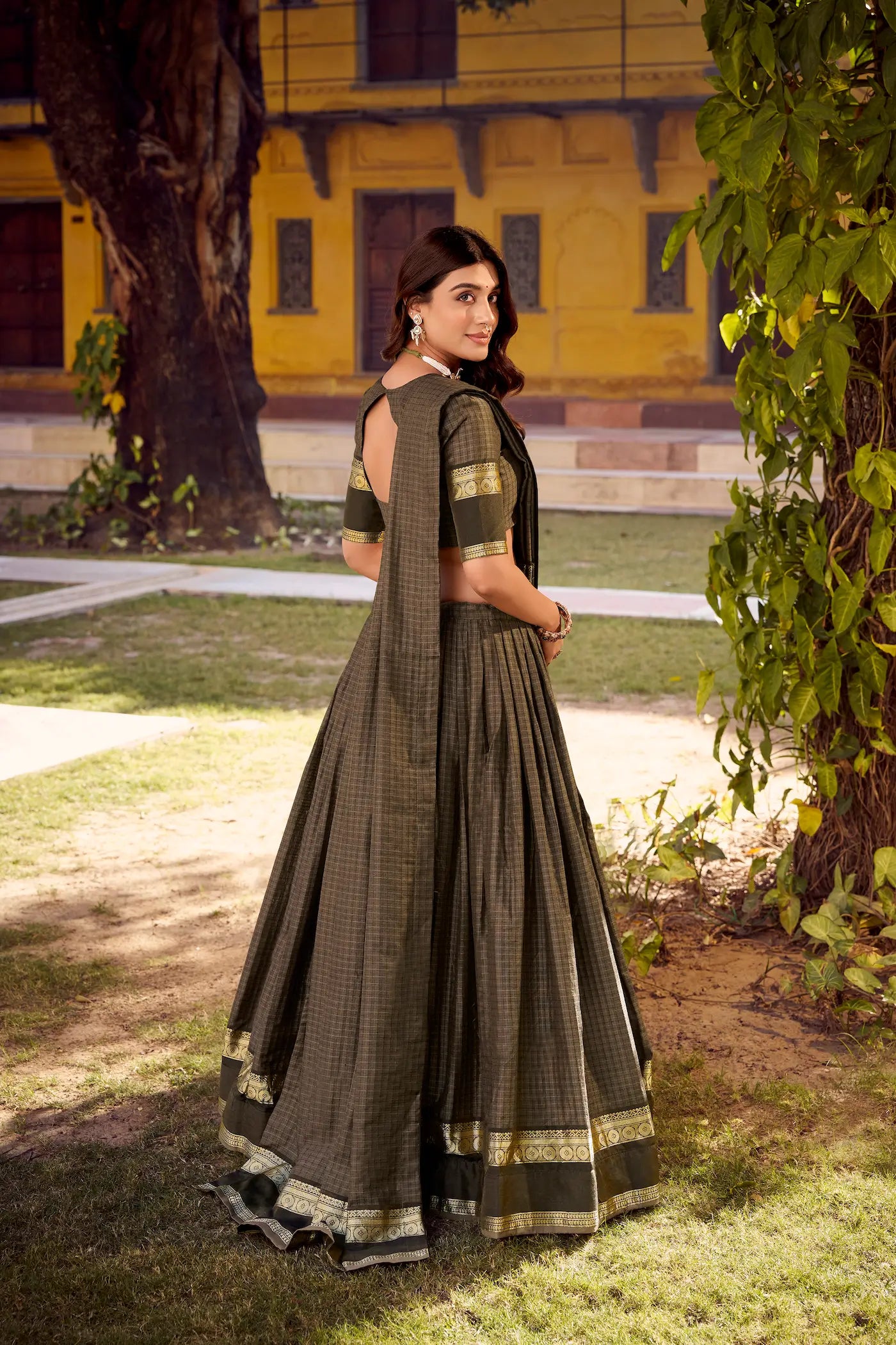 Dark Grey Zari Weaving Cotton Lehenga choli