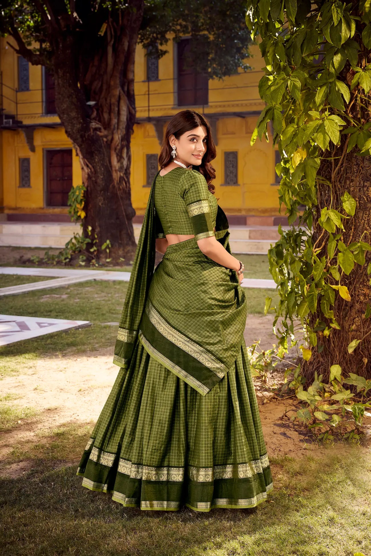 Olive Green Zari Weaving Cotton Lehenga choli