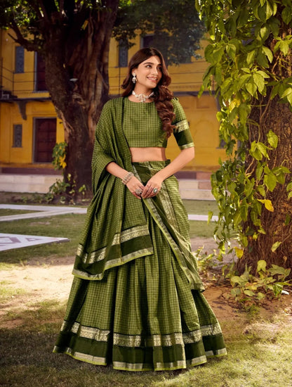 Olive Green Zari Weaving Cotton Lehenga choli