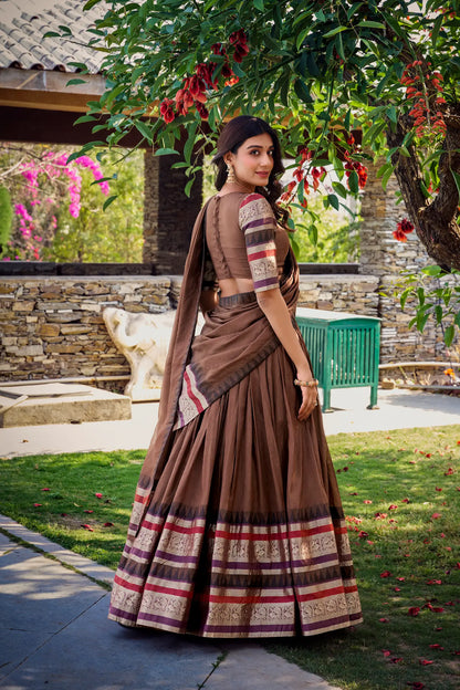 Brown Chanderi Lehenga Choli With Zari Weaving Work