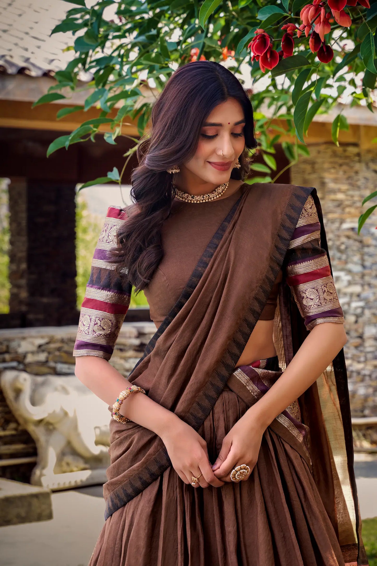 Brown Chanderi Lehenga Choli With Zari Weaving Work